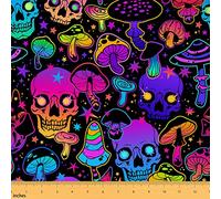 Colorful Skull Fabric by The Yard Gradient Cartoon Mushroom Decor Hippie Fabric for Teens Sewing Lovers Neon Light Stars Party Themed Fabric for DIY Upholstery and Home Accents 1 Yard