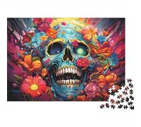 Colorful Skull Flowers 1000 Piece Jigsaw Puzzles Floral Sugar Skull with Daisies Adults Aged 12 And Above Educational Game Home Decoration Difficult Challenging Male And Female Birthday8cm