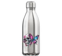 Colorful Skull with Butterfly Wings Vacuum Insulated Thermal Water Bottle Silver