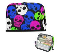 Colorful Skulls Neon Pink Storage Pencil Bag Large Pencil Pouches Zipper Case Girls Classroom Pen Pouch Japanese College Preppy School Office Supplies