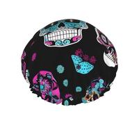 Colorful Skulls Print Reusable Shower Cap,Double Layer Water Shower Non Wetting Hair Cap,Large Size For All Hair Lengths