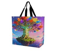 Colorful Sky Life Tree Grocery Bag Reusable One Shoulder Shopping Bags Portable Large Capacity Plain Bag Lightweight Purse Women Shoulder Bags for Shopping Grocery Beach