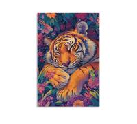 Colorful Sleeping Tiger Wall Art Vibrant Jungle Animal Poster with Floral Botanical Background Wildlife Painting for Bedroom Or Living Room Bold Nature-Inspired Home Decor Gift 12x18inch Unframe
