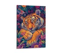 Colorful Sleeping Tiger Wall Art Vibrant Jungle Animal Poster with Floral Botanical Background Wildlife Painting for Bedroom Or Living Room Bold Nature-Inspired Home Decor Gift 08x12inch Frame