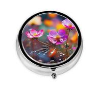 Colorful Small Flower Print Pill Box 3 Compartments Round Pill Organizer Metal Waterproof Portable Pill Case for Pocket or Purse Vitamin/Fish Oil/Pills/Supplements
