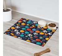 Colorful Soccer Sphere Collage Absorbent Dog Food Mat with Non-Slip Backing, 24 x 32 inch Feeding Mat for Puppy Cat Bowls, Spill-Proof Pet Diner Placemat for Kitchen Floors