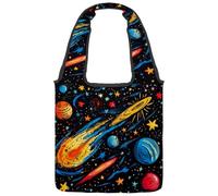 Colorful Space with Planets Stars Doodle Pattern Canvas Tote Bag, Medium Book Tote Reusable Cloth Bag for Women Teachers Nurse