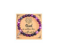 Colorful Sparkly Natural Healing Stone Cross Beaded Strands Adjustable Dangle Bracelet with Meaning Card Inspirational Religious Religious God Jewelry Gifts for Women Christmas, Metal, Resin, Stone