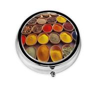 Colorful Spices Printed Round Pill Organizer with 3 Compartments, Portable Mini Pill Box Pill Case for Medicine, Vitamin, Fish Oil, Supplements