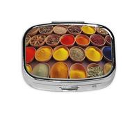 Colorful Spices Printed Square Pill Organizer with 2 Compartments, Portable Mini Pill Box Pill Case for Medicine, Vitamin, Fish Oil, Supplements