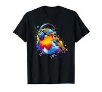 Colorful Splash Art Headphones American Robin Bird T-Shirt