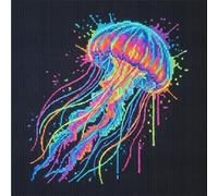 Colorful Splash Jellyfish Full 14CT DIY Counted Cross Stitch Kits 11.81x11.81inch Embroidery Needlepoint Starter Kits for Beginners Adults Home Decor