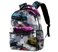 Colorful Sports Cars Seamless Pattern University Laptop Backpack, Travel Bag Large Capacity & Adjustable Strap
