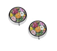 (Colorful Spring Summer Flower) Round Pill Box with 3 Compartment Small Pill Organizer Portable Pill Case Vitamin Containers, Travel Essentials 4.6x4.6x1.8 cm