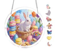 Colorful Spring Tulip Basket White Rabbit 7.8x7.8Inch Round Acrylic Jigsaw Puzzle Suncatcher, Crystal Window Decor Wall Art Ornament, Easter Home Decoration Gift