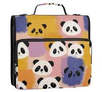 Colorful Square Panda Cartoon Cute 1.5 Inch 3 Rings Zip Up Binder with Handle Easy to Carry Portable Portfolio for Middle School