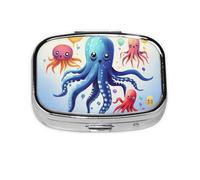 Colorful Squid Octopus Print Pill Box Square Pill Case 2 Compartment Small Metal Medicine Organizer Portable Travel Pillbox for Pocket Purse Cute Mini Pill Container to Hold Daily Vitamins