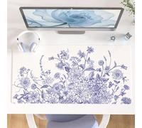 Colorful Star Large Mouse Pad, Floral Desk Mat Office Supplies, Waterproof Faux Leather Big Gaming Mousepad for Women Girls, Vintage Blue Flowers Desk Pad Home Office Décor Accessories 31.5" x 15.7"