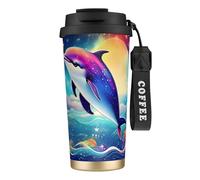 Colorful Starry Sky Ocean Dolphin Print Insulated Coffee Mug, 316 Stainless Steel Vacuum Travel Cup, Keep Hot And Cold