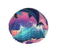 Colorful Starry Sky Ocean Dolphin Print Shower Cap For Women Reusable Double Layer Stylish Soft Bath Cap With Lining Elastic Band