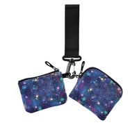 Colorful Stars Figure Pattern Blue Women's Dual Wallets Business Card Cases Cute Fashion Zipper Purse Wallet with Keychain for Daily Use 2 Pcs