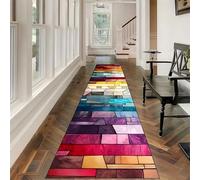 Colorful Stone Runner Rug, 60x300cm 3d Abstract Geometric Plaid Non-Slip Machine-Washable Long Entryway Carpet, Modern Stylish Rainbow Wood Plank Design, Throw Rugs for Living Rooms Bedrooms