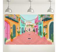 Colorful Street Scene Backdrop, Vibrant Floral Retro Party Decorations, Perfect for Photography Events, Ideal for Summer Celebrations 71x43 Inch