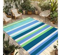 Colorful Striped 6x9ft Outdoor Patio Rug Washable Geometric Area Runner for RV Camping Beach Picnic Deck Porch Balcony Ombre Blue Green White Design