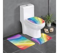 Colorful Stripes Rainbow Printed Printed Flannel Anti-Slip Bath Mat Set of 3-60x40cm | Bathroom Rug Set - Bath Mat + U-Shaped Pedestal Mat + O-Shaped Toilet Seat Cover