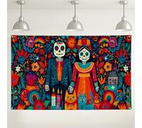 Colorful Sugar Skull Backdrop, Floral Day of The Dead Decorations, Vibrant Party Background for Photography, Halloween and Celebration Events 71x43 Inch