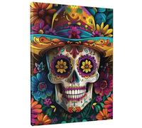 Colorful Sugar Skull Canvas Wall Art, Vibrant Floral Day of the Dead Decor, Bohemian Aesthetic Artwork For Living Room, Bedroom, Office, Unframed 12x16 Inch