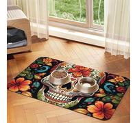 Colorful Sugar Skull Dog Food Mats for Floors, 16x24 Inch Non-Slip Super Absorbent Pet Food Mat, Dishwasher Dog Mat for Food and Water, Cute Rubber Quick Dry Pet Feeding Mat for Dogs Puppy Cats