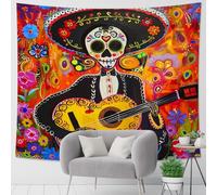 Colorful Sugar Skull Guitar Tapestry, Floral Art Psychedelic Wall Hanging, Day of the Dead Decor for Living Room, Bedroom, Dorm, Bohemian Style 40x60 Inch