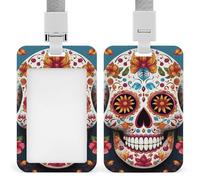 Colorful Sugar Skull ID Badge Holder Vertical Heavy Duty Card Protector Pouch, Lanyard Work Badge Sleeve Plastic Waterproof Name Tag Holder for Nurse Teacher Office Women Men