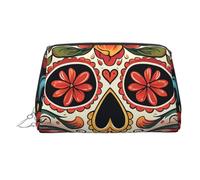 Colorful Sugar Skull Makeup Bag for Women Cosmetic Bags Leather Travel Makeup Case Organizer Waterproof Make up Pouch Open Flat Toiletry Bag Portable Storage Pouch for Travelling, Silver, One Size