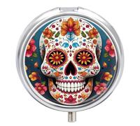 Colorful Sugar Skull Metal Pill Organizer, 3 Compartment Waterproof Pill Case with Mirror for Purse Pocket Bag, Daily Medicine Vitamin Holder, Portable Travel Med Container(Round)