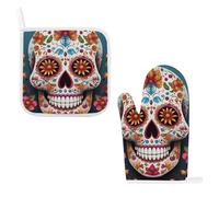 Colorful Sugar Skull Oven Mitts & Pot Holders Set - 2 Pcs Heat Resistant Oven Gloves with Hanging Loop, Kitchen Potholder for Cooking, Baking, BBQ, Microwave