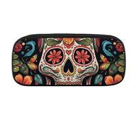 Colorful Sugar Skull Pencil Case Waterproof Leather Pencil Pouch Multi-purpose Aesthetic Makeup Bag Cute Pen Bag Large Cosmetic Bag for Office Stationery, Travel