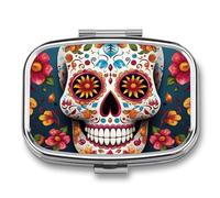 Colorful Sugar Skull Pill Box 2 Compartment - Small Metal Medicine Organizer Portable Pill Case for Purse Pocket Travel Vitamin Organizer for Men Women, BPA-Free