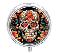 Colorful Sugar Skull Pill Box 3-Compartment Travel Pill Organizer Portable Round Medicine Case with Mirror Design for Vitamins, Jewelry & Essentials Durable Pocket Pillbox for Purse, Camping