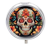 Colorful Sugar Skull Pill Box Round Portable Small Pill Case Waterproof Travel Pill Box Organizer for Pocket Purse and Daily Convenience