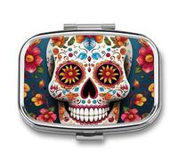 Colorful Sugar Skull Pill Box with 2 Compartments, Portable Travel Pill Case with Square Mirror Metal Medicine Storage Medicine Box