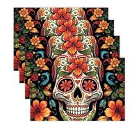 Colorful Sugar Skull Placemats Set 30x45cm*4 Heat Resistant Washable Placemat Waterproof Table Placemats Non-Slip Wipeable Tables Mat Kitchen Place Mats for Dining Party Home Decor