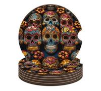 Colorful Sugar Skulls 6PCS Car Coasters Absorbent Drink Coasters with A Finger Universal Wood Coffee Coaster for Cup Holders Non-slip Car Cup Holder Coaster Cute Drink Mat Car Accessories for Women Me