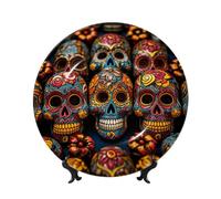 Colorful Sugar Skulls Ceramic Decorative Plates Bone China Decorative Plate With Display Stand Handmade Ceramic Ornament Personality Porcelain Dinner Plate Crafts For Home Office Wall Decoration 15cm