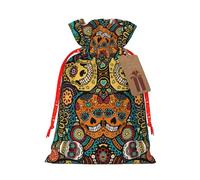 (Colorful Sugar Skulls) Christmas Burlap Gift Bags, Eco-Friendly Polyester Drawstring Pouches For Holiday, Birthday & Party Gift Packaging S