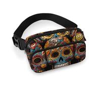 Colorful Sugar Skulls Fanny Packs with Zipper, Personalized Waist Bags with Multiple Pockets, Adjustable Sling Bag for Travel, Waterproof Belt Bag, Crossbody Bags