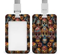 Colorful Sugar Skulls ID Badge Holder with Lanyard Vertical Plastic Card Case Protector Pouch with Clear Window Detachable Name Tag Clips for Nurse Doctor Teacher Office Use