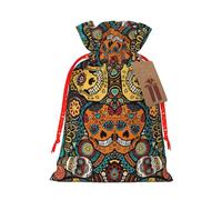 Colorful Sugar Skulls Print Drawstring Gift Seasonal Bags Celebrations Eco-Conscious Holiday Present Packaging