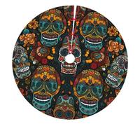 Colorful Sugar Skulls Printed Christmas Tree Skirt 36 inch, Double Layers Xmas Tree Skirts Base Floor Mat for Holiday Party Decoration Ornaments